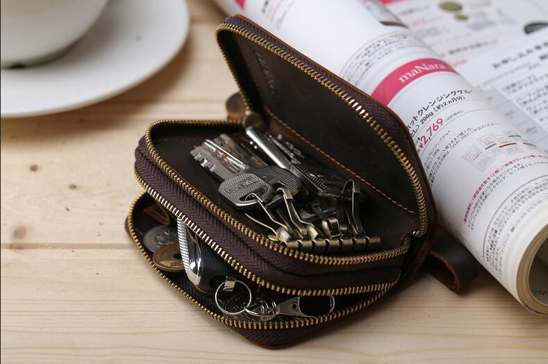 Men Genuine Leather Minimalist Wallet Double Zipper Car Key Case Key holder