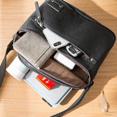 Casual Black Leather Mens 10 inches Postman Bag Black Courier Bag Messenger Bags Side Bag for Men - iwalletsmen
