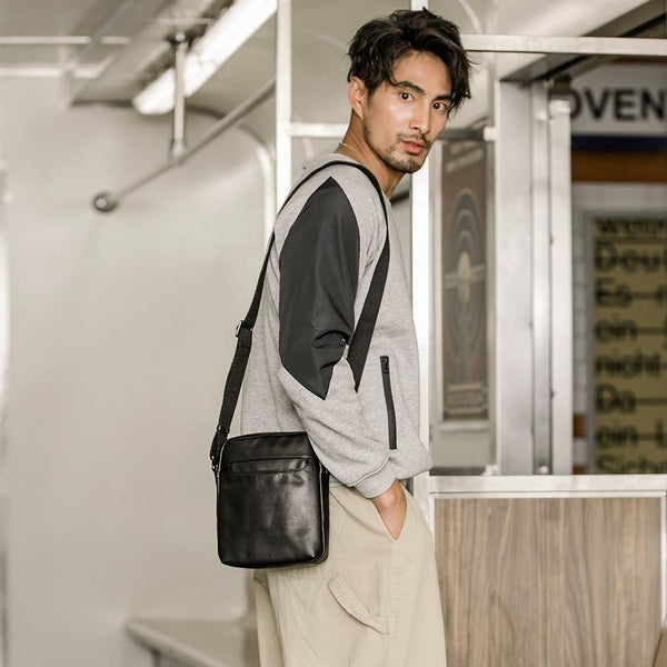 Black Cool Leather Mens Vertical Mini Courier Bag Postman Bag Black Messenger Bags Side Bag for Men - iwalletsmen