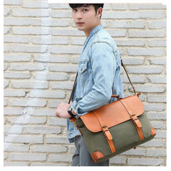 Army Green Leather Canvas Mens Casual Briefcase Shoulder Bag Messenger Bags Casual Courier Bags for Men - iwalletsmen