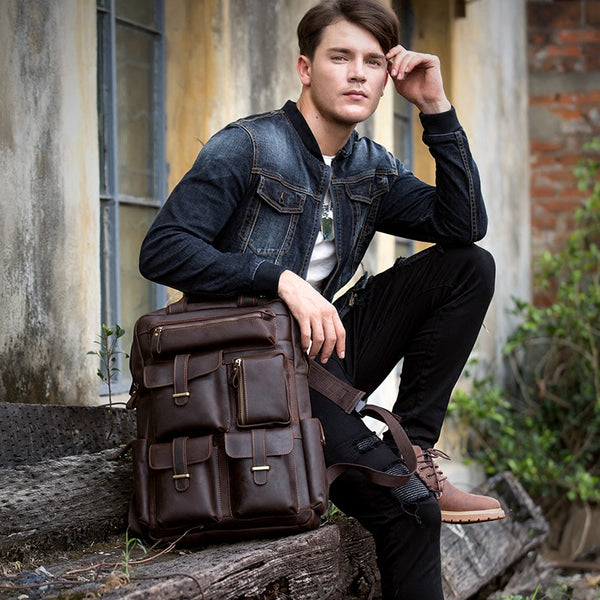 Dark Brown Casual Mens Leather 16inches Computer Backpacks Large Brown Travel Backpack School Backpacks for men - iwalletsmen