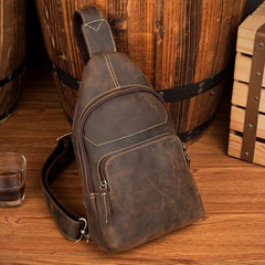 Cool Dark Brown Leather Mens Sling Bags Crossbody Pack One Shoulder Backpack Chest Bag for men - iwalletsmen