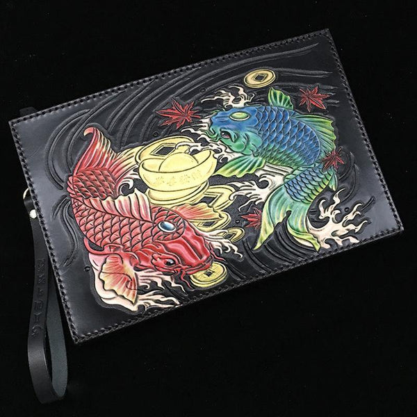 Black Handmade Tooled Leather Double Carps Clutch Wallet Wristlet Bag Clutch Purse For Men - iwalletsmen