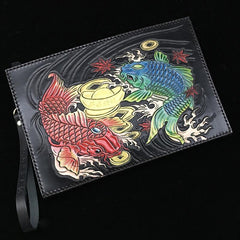 Black Handmade Tooled Leather Double Carps Clutch Wallet Wristlet Bag Clutch Purse For Men - iwalletsmen