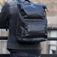 Genuine Leather Mens Cool Backpack Sling Bag Large Black Travel Bag Hiking Bag for men