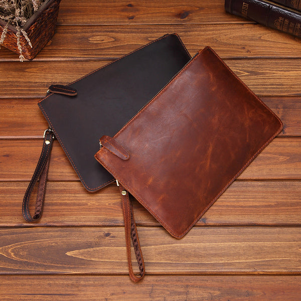 Vintage Brown Leather Men's Wristlet Bag Clutch Bag Mini File Bag For Men - iwalletsmen