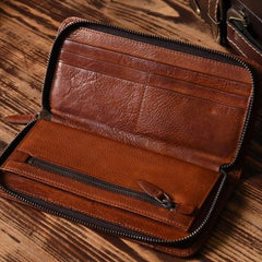 Handmade Leather Mens Cool Long Leather Wallet Zipper Phone Clutch Wallet for Men