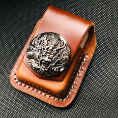 Coffee Handmade Leather Mens Cross Zippo Lighter Holders Lighter Case For Men - iwalletsmen