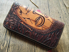 Handmade Leather Buddha&Demon Tooled Mens Long Wallet Cool Leather Wallet Clutch Wallet for Men