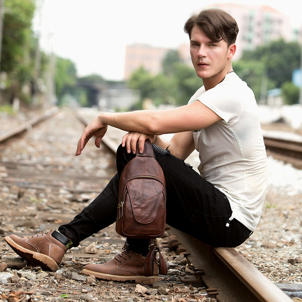 Casual Leather Brown Mens Sling Pack Sling Bags Chest Bag One Shoulder Backpack for Men - iwalletsmen