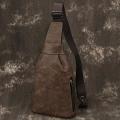 Brown Cool LEATHER MENS Sling Bag One Shoulder Backpack Chest Bag For Men - iwalletsmen