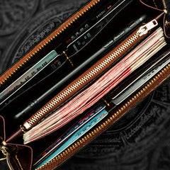 Handmade Leather Tooled Carp Mens Chain Biker Wallet Cool Leather Wallet Long Phone Wallets for Men