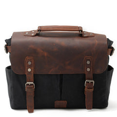 Waxed Canvas Leather Mens Waterproof Black 14‘’ Camera Bag Shoulder Bag Messenger Bag For Men - iwalletsmen