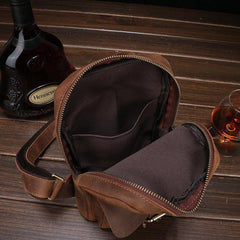 Brown Cool LEATHER MENS Sling Bags One Shoulder Backpack Dark Coffee Chest Bag For Men - iwalletsmen