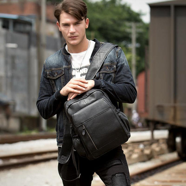 Black Business Mens Leather 14-inch Computer Backpacks Cool Travel Black Backpacks School Backpack for men - iwalletsmen