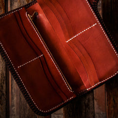Handmade Leather Tooled Mahākāla Mens Chain Biker Wallet Cool Leather Wallet Long Clutch Wallets for Men