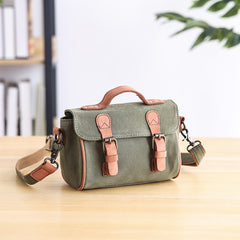 Canvas Leather Mens Womens Green Portable Side Bag Khaki Messenger Bag Small Courier Bag For Men - iwalletsmen