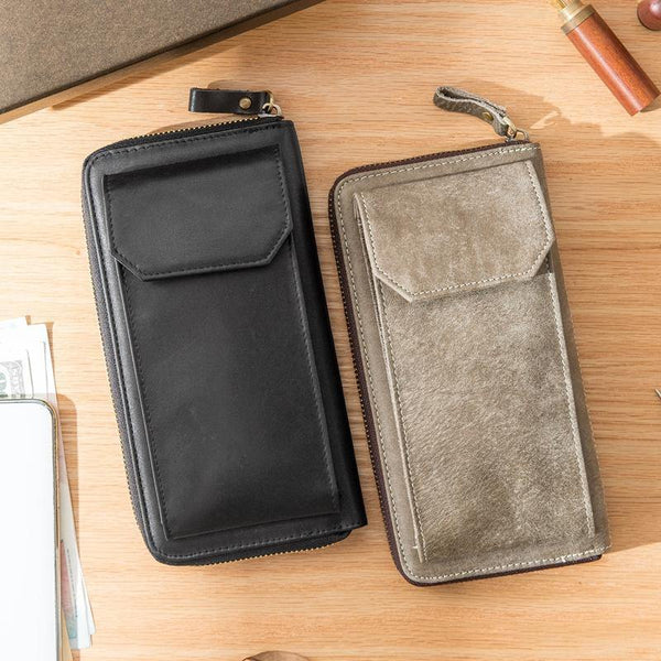 Black Cool Leather Mens Long Wallets Bifold Zipper Gray Long Wallet Card Wallet for Men - iwalletsmen