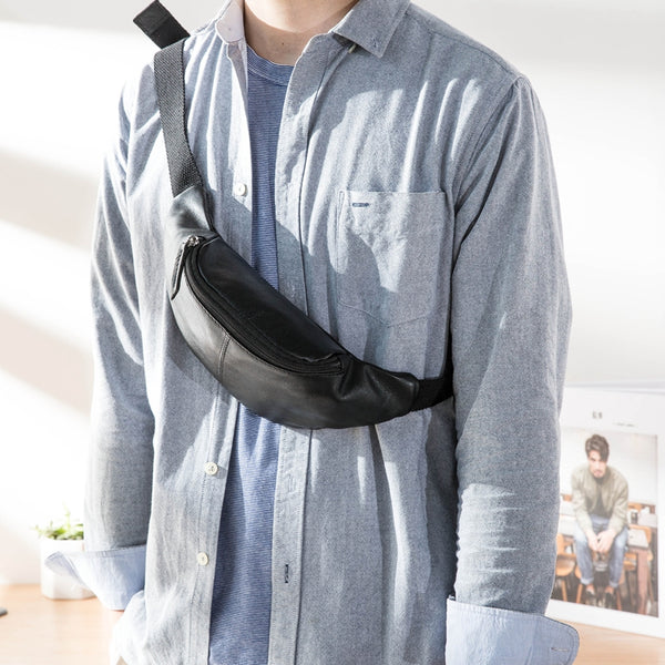 Black Mens Leather Fanny Packs Sling Bag Waist Bag Hip Pack Belt Bag Chest Bag for Men - iwalletsmen