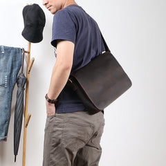 Casual Black Leather Mens 11 inches Courier Bags Messenger Bag Vintage Brown Postman Bags For Men - iwalletsmen
