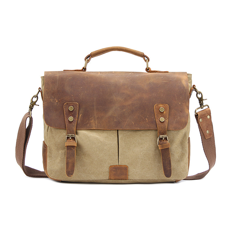 Canvas Leather Mens 14" Simple Khaki Briefcase Side Bag Lake Green Messenger Bag Brown Shoulder Bag for Men - iwalletsmen
