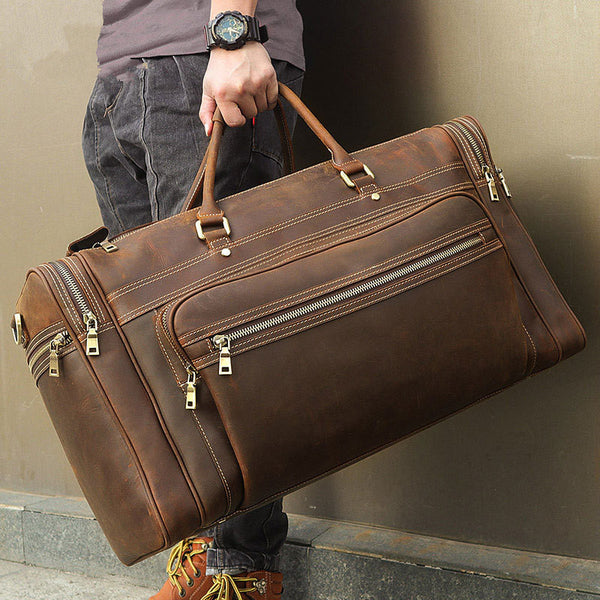 Vintage Large Leather Men's Overnight Bag Brown Travel Bag Weekender Bag For Men - iwalletsmen