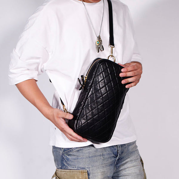 FASHION BLACK LEATHER MEN'S 10 INCHES SLING BAG ONE SHOULDER MESSENGER BAG CHEST BAG DIAGONAL BAG FOR MEN - iwalletsmen
