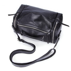 Fashion Black Leather Men's Small Barrel Side Bag Travel Bag Small Black Overnight Bag For Men - iwalletsmen