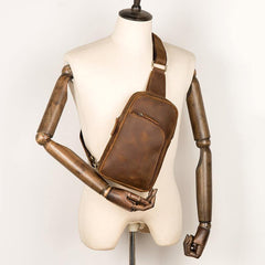 Dark Brown Leather Mens Cool Sling Bags Brown Crossbody Pack Chest Bag One Shoulder Backpack for men - iwalletsmen