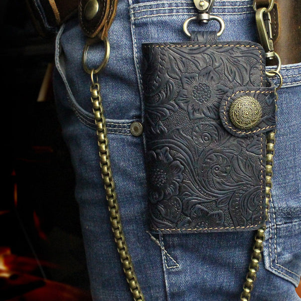 Handmade Leather Floral Mens Cool Key Wallet Wallet Card Holder Small Card Keychain Wallets for Men