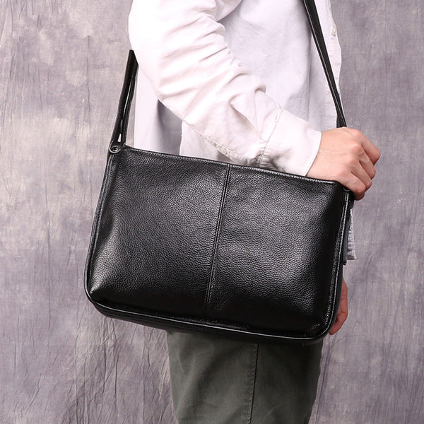 Casual Fashion Black Leather Men's Side Bag Courier Bag Black Vertical Messenger Bag For Men - iwalletsmen