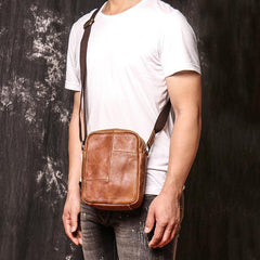 Brown Leather Vertical Messenger Bag Men's Small Side Bag Mini Phone Bag Courier Bag For Men - iwalletsmen