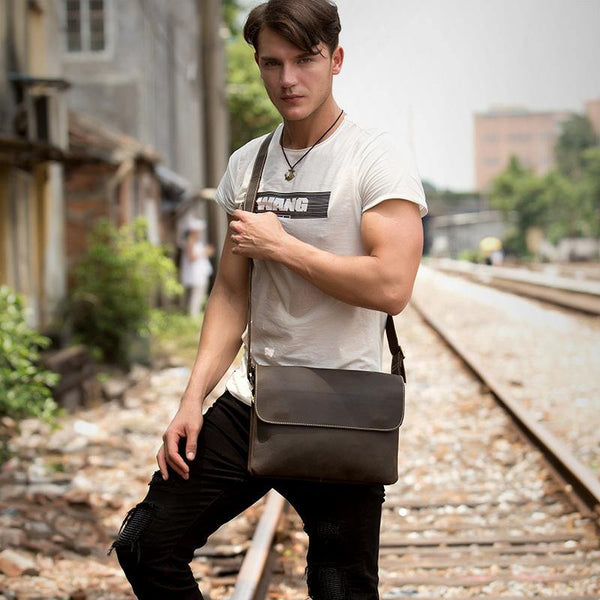 Black Leather 10 inches Mens Casual Messenger Bag Shoulder Bags for Men - iwalletsmen