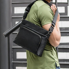 Black Casual Leather Mens 10 inches Side Bag Postman Bag Black Messenger Bag Courier Bag for Men - iwalletsmen