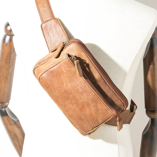 Camel Leather Mens Fanny Pack Waist Bag Chest Bag Hip Pack One Shoulder Backpack for Men - iwalletsmen