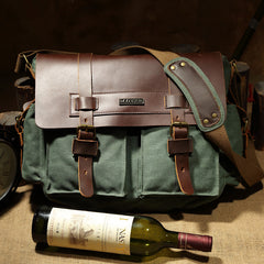 Canvas Leather Mens Vintage Khaki Travel Side Bag Green Messenger Bag Brown Courier Bag for Men - iwalletsmen