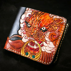 Handmade Leather Chinese Lion Tooled Mens billfold Wallet Cool Leather Wallet Slim Wallet for Men