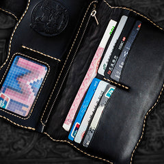 Handmade Leather Black Mens Tooled Skull Chain Biker Wallet Cool Leather Wallet Long Clutch Wallets for Men