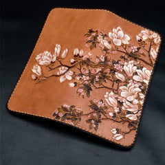Handmade White Flowers Magnolia denudata Tooled Leather Womens Long Wallet Zipper Clutch For Women - iwalletsmen