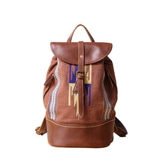Brown Emroidered Canvas Leather Mens Women Large 14'' College Backpack Travel Backpack for Men - iwalletsmen