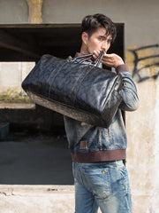 Fashion Black Leather Mens 16 inches Weekender Bag Black Side Bag Travel Shoulder Bags Duffle Bags for men - iwalletsmen