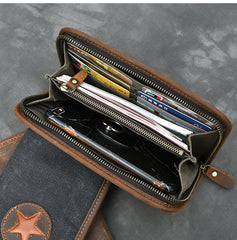 Brown Canvas Mens Long Wallet Zipper Green Clutch Phone Wallet For Men - iwalletsmen