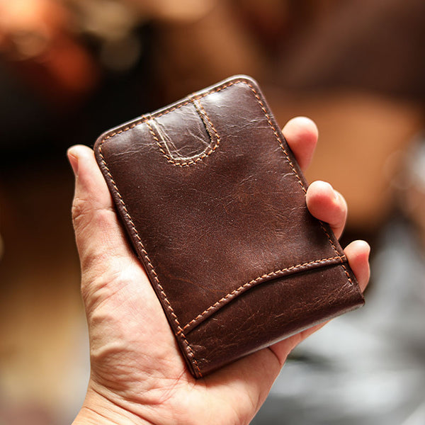 Cool Black Leather Mens Card billfold Wallet Bifold SMall License Wallet Brown Front Pocket Wallet For Men - iwalletsmen
