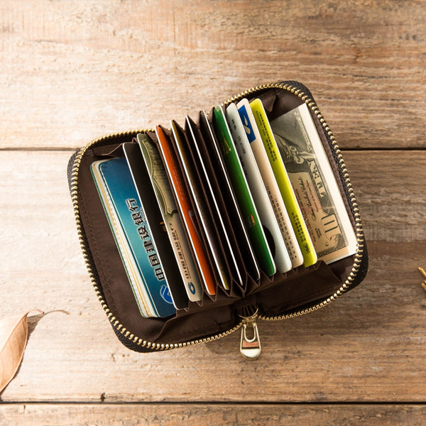 Black Leather Mens Small Card Wallet Red Zipper Card Holder Brown Zipper Coin Wallet For Men - iwalletsmen