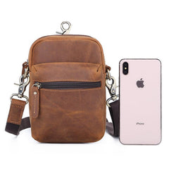 Brown Leather Small Waist Bag Belt Pouch Vertical Mini Shoulder Bag Belt Bag Side Bag For Men - iwalletsmen