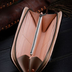 Handmade Leather Mens Clutch Wallet Cool Floral Tooled Wallet Long Zipper Wallets for Men