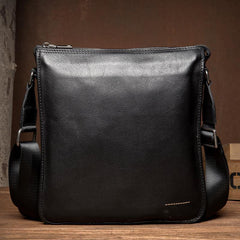 Black Leather 10 inches Mens Small Vertical Messenger Bags Postman Bags Courier Bag for Men - iwalletsmen