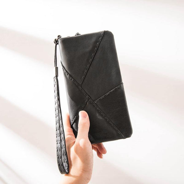 Cool Black Leather Mens Long Wallet Zipper Clutch Wallet Long Wallet Phone Bag Wristlet Wallet for Men - iwalletsmen