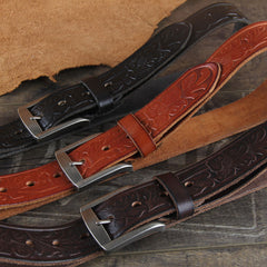 Genuine Leather Punk Rock Biker Trucker Tooled Floral Mens Belt Men Black Coffee Belt for Men