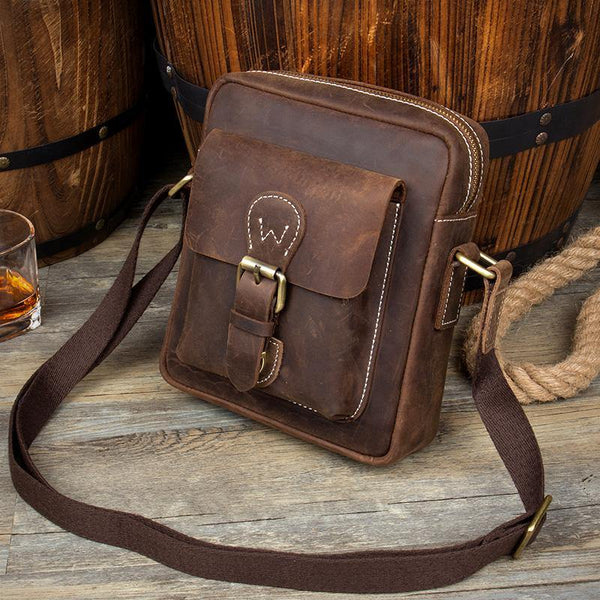 Casual Dark Brown Leather Mens Mini Vertical Messenger Bag Small Side Bags Postman Bag for Men - iwalletsmen